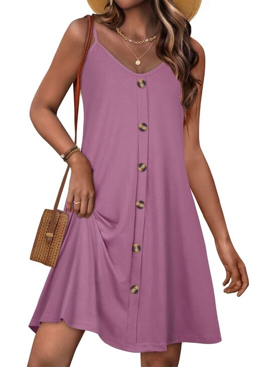 Dresses & Skirts - Women's Purple Summer Dresses Spaghetti Strap Button Down V Neck Sundress Beach